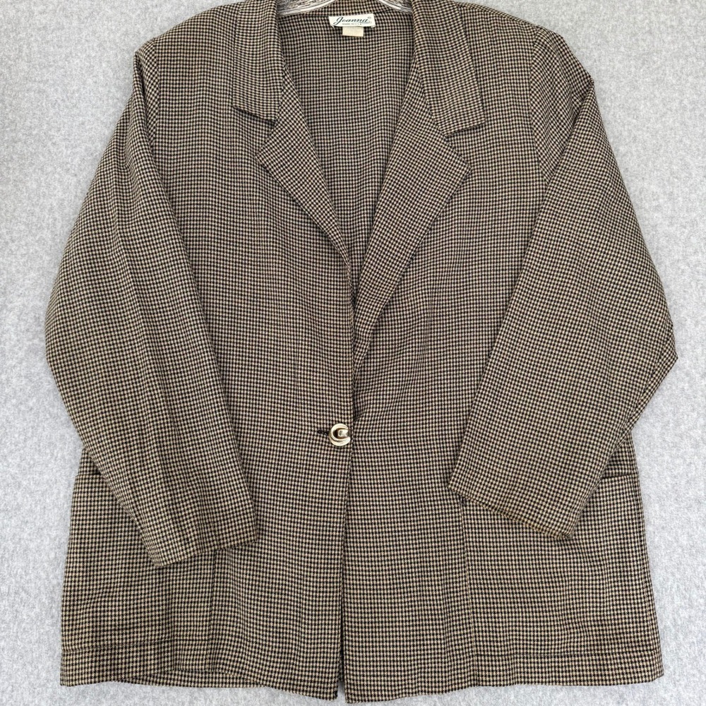 Vintage Joanna Large Houndstooth Blazer Made USA Shoulder Pads Brown Black